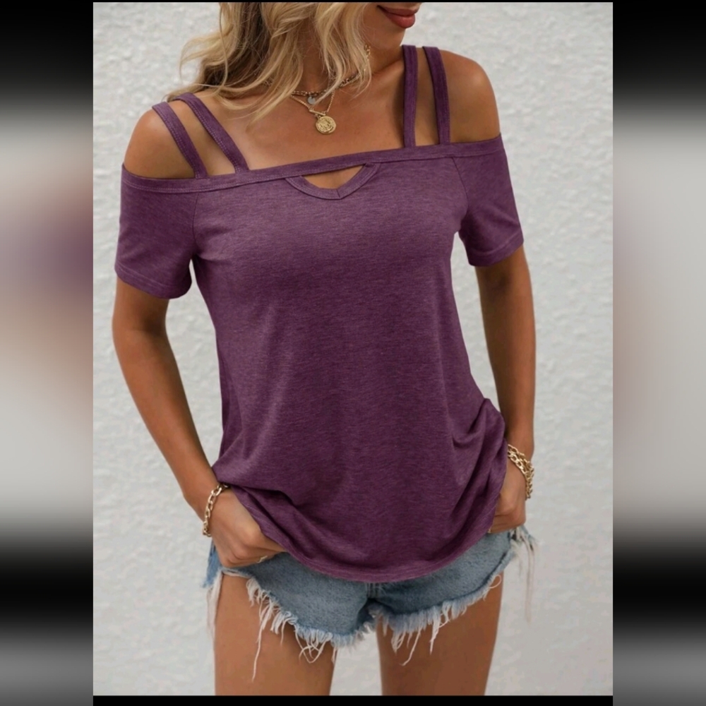 Women's Purple Off The Shoulder Summer Sexy Shirt Keyhole Top
